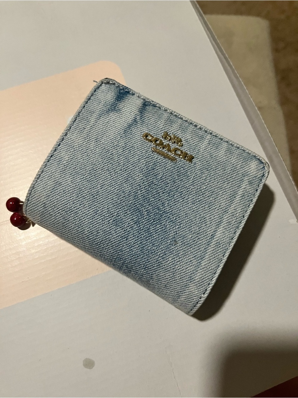 Coach Light Denim Zip Card Wallet with Cherry Pull